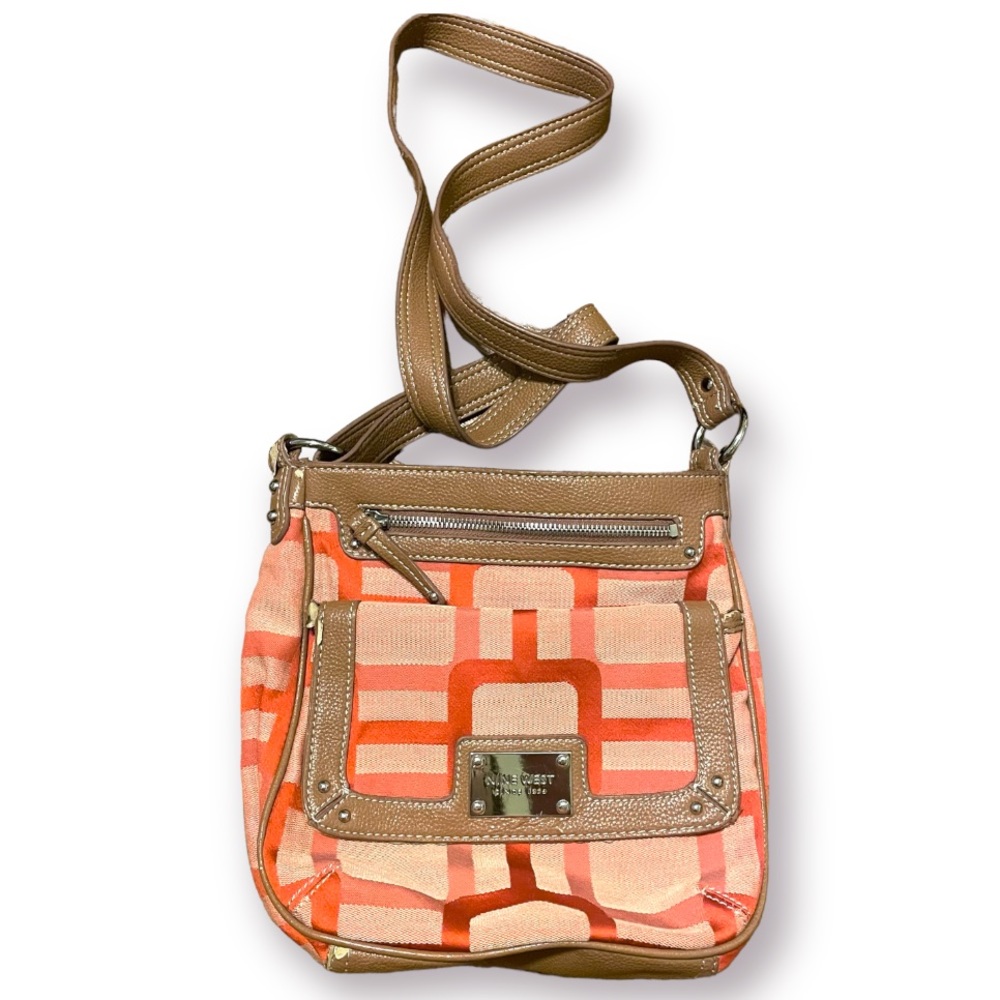 Nine West Salmon Pink Purse | Tan Square Pattern Multi Pocket Handbag Satchel